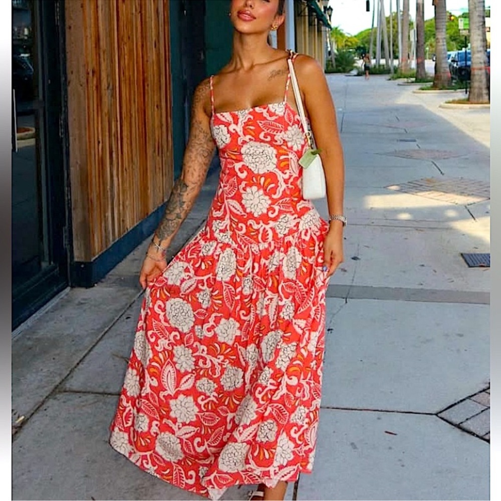 Zara Coral and White Floral Drop-waist Viscose/Linen Midi Sundress